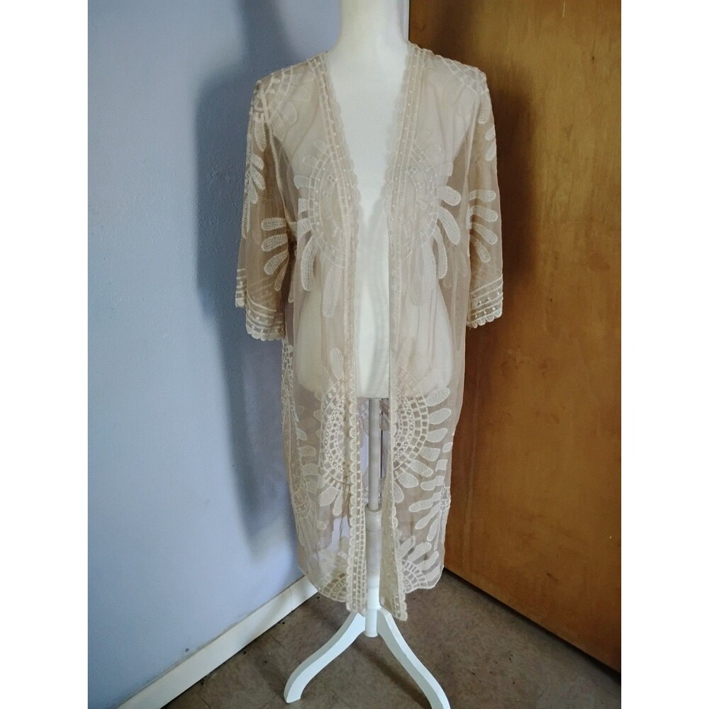 Rebellon NWT Maxi Sheer Kimono Duster Tan Floral Embroidery Lace Boho Size L
